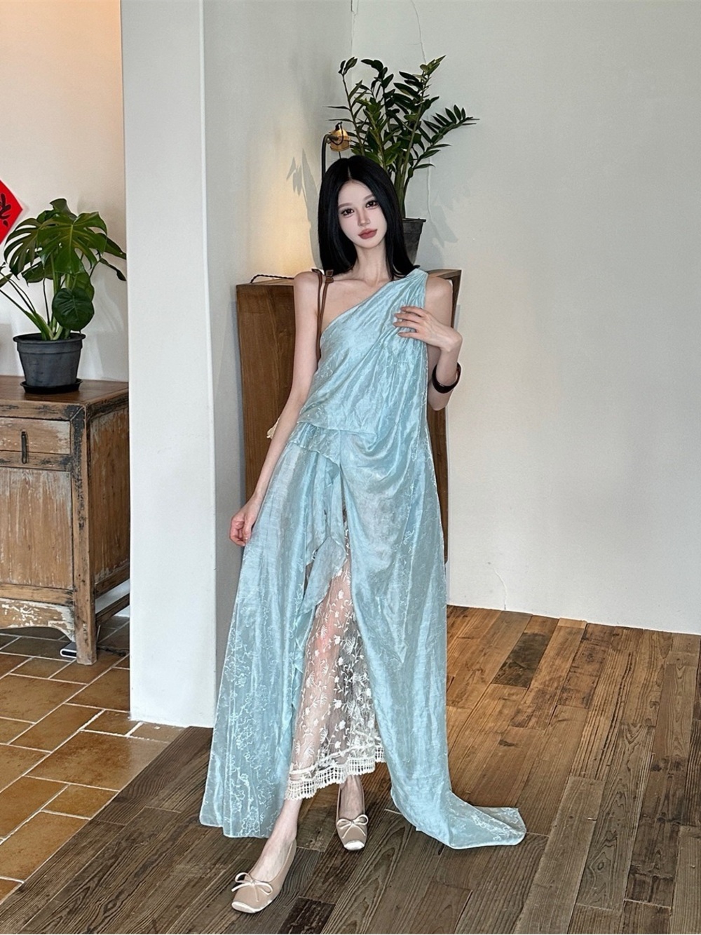 One-Shoulder Light Blue Draped Maxi Dress with Lace Slip